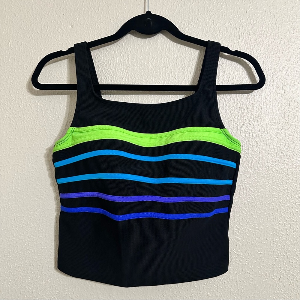 Longitude Vintage Black Multicolored Stripes Swim Ribbed Top